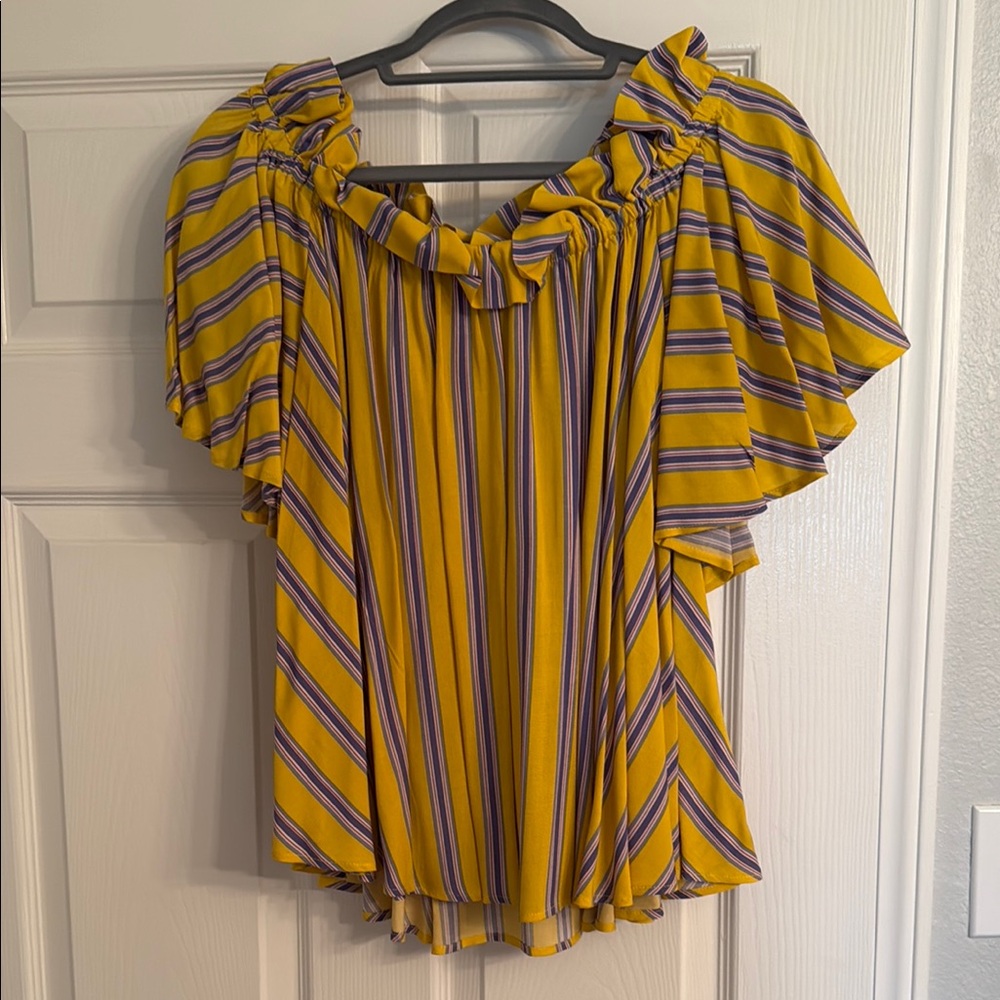 V Cristina Yellow and Blue Flutter Sleeve Blouse